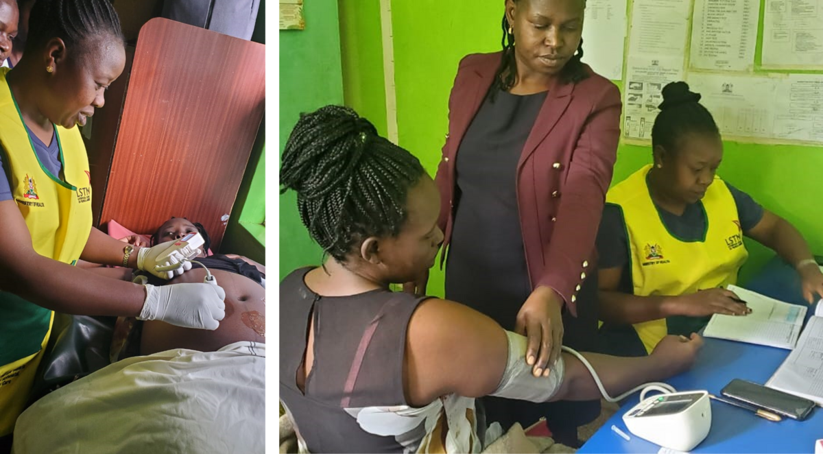 A midwife in Kapsoya Health Centre examines Jerotich, a pregnant mother in the antenatal care clinic using a Foetal Doppler (left) and Blood Pressure Machine (right)/credit: LSTM