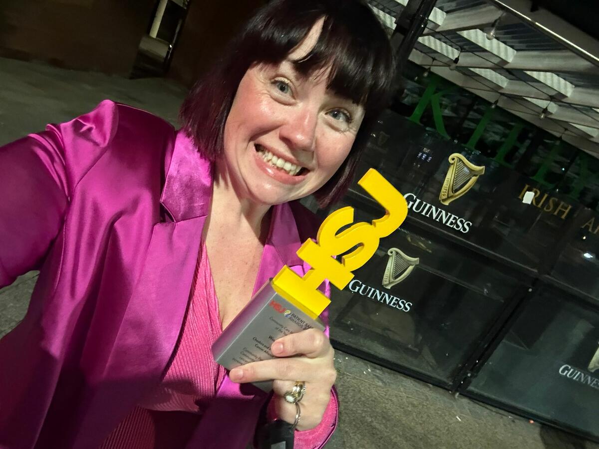 This is me clearly delighted with our recognition from the HSJ ( Health Services Journal)  for our collaboration with grass roots organisations and  CMCA (Cheshire and Merseyside Cancer Alliance) / credit J Hoarty