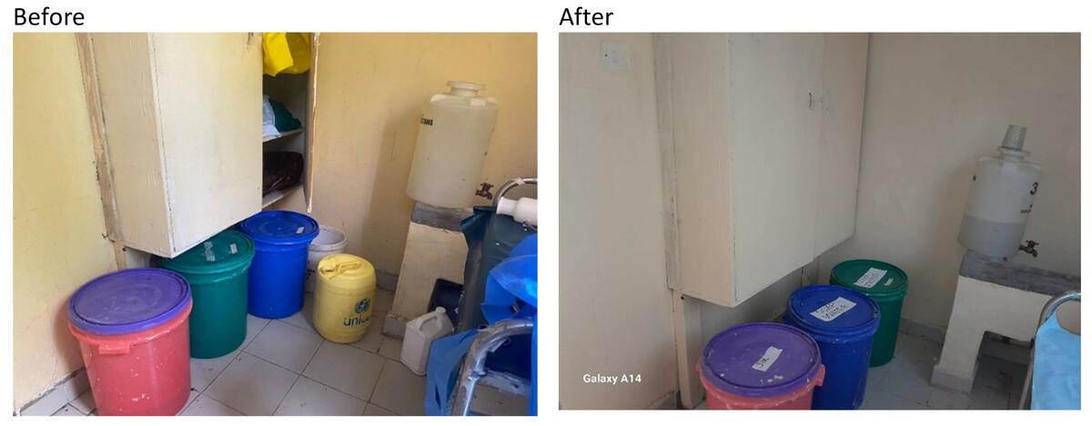Before and after pictures of the decontamination process. The after picture constitutes well-labelled containers and organised environment for decontamination. / credit: Hulugho Sub-County Hospital