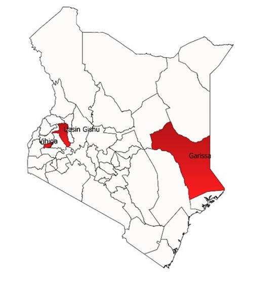 Map of Kenya showing targeted counties