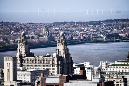 Liverpool’s Liver Building as seen from the top of St James Mt Cathedral