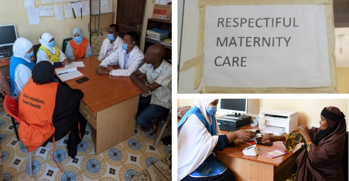 Left - A QI committee meeting in progress at Medina Health Centre; Right top - A poster reminder on respectful maternity care at the Garissa County Referral Hospital ANC-PNC Clinic; below - A nurse-midwife examining a mother using a blood pressure machine donated by LSTM / all photos: LSTM
