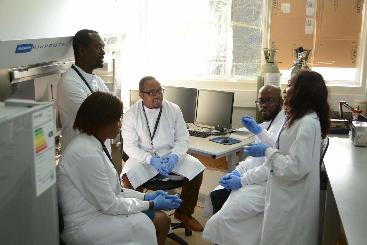 Immaculate Mhango (pre-PhD intern), Dr David Mzinza (postdoctoral research associate), Dr Kondwani Jambo (group head), Dr Leonard Mvaya (research assistant) and Chikondi Malamba (PhD student).