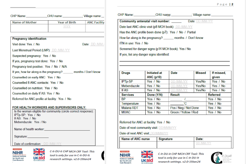 Pages from the Community-Enhanced Mother-Child Booklet showing the dedicated section for Community Health Promoters to record household visits. / LVCT