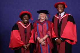 LSTM Director Professor Janet Hemingway with Honorary Degree recipients Dr Letitia Obeng (left) and Professor Victor Mwapasa (right)