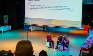 In conversation: Sarah Lovell, Culture Coordinator, Liverpool City Region Combined Authority with Professor Miriam Taegtmeyer and Professor Rachel Tolhurst, ReCITE: Why do we need to do things differently to tackle health inequity? Photo credit Andrew AB