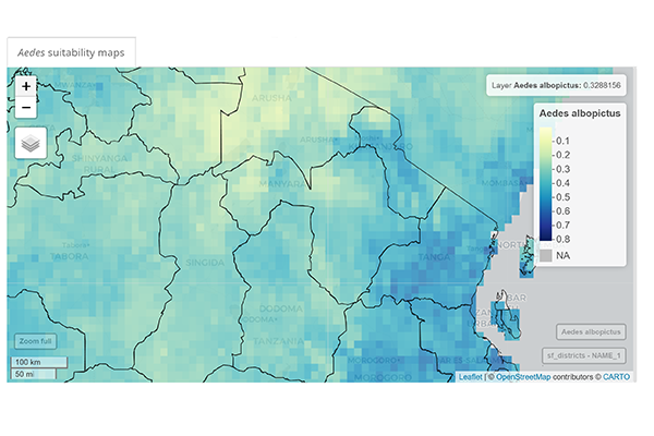 Screenshot of application visualising the consensus environmental suitability surface for Ae. albopictus, centred around the user-selected country and district of interest.