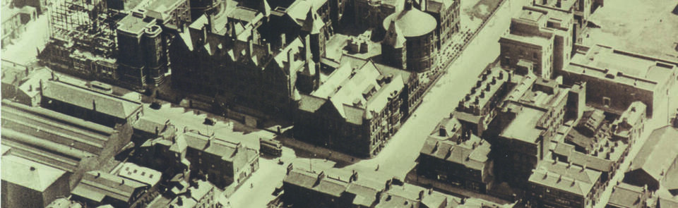 Aerial view of the early university medical campus. LSTM is on the bottom right