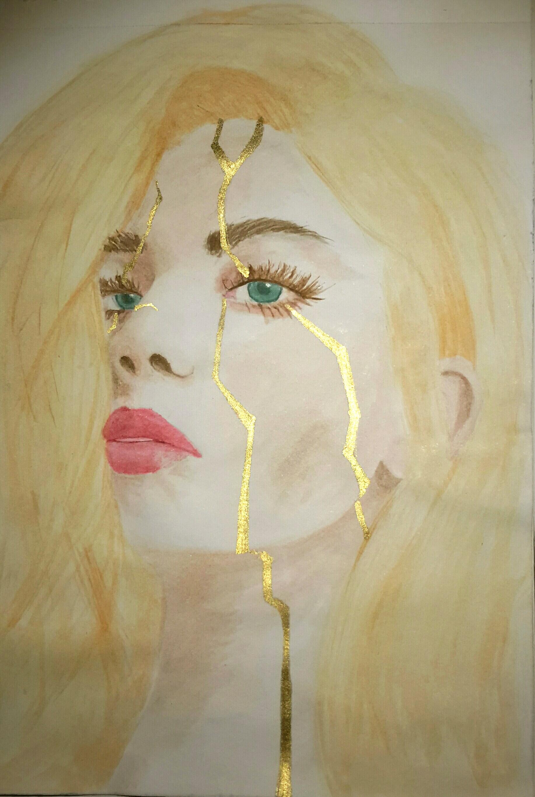 A defiant yet solemn female portrait with jagged golden lines to emulate the golden lines traditionally seen in Kintsugi pottery