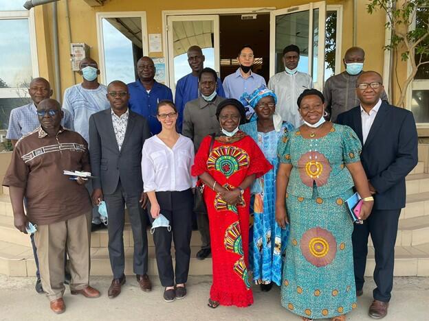 Representatives of the Ministry of Public Health with LSTM and CSSI-CRASH teams, outside the Centre for Studies, Training and Development (Centre d'Etude et de Formation pour le Developpement – CEFOD) after the program dissemination workshop in N’Djamena. The workshop was opened by the Technical General Deputy Director of Reproductive Health, Vaccination and Nutrition, and the Director of Sexual and Reproductive Health Representatives of the Ministry of Public Health with LSTM and CSSI-CRASH teams, outside the Centre for Studies, Training and Development (Centre d'Etude et de Formation pour le Developpement – CEFOD) after the program dissemination workshop in N’Djamena. The workshop was opened by the Technical General Deputy Director of Reproductive Health, Vaccination and Nutrition, and the Director of Sexual and Reproductive Health