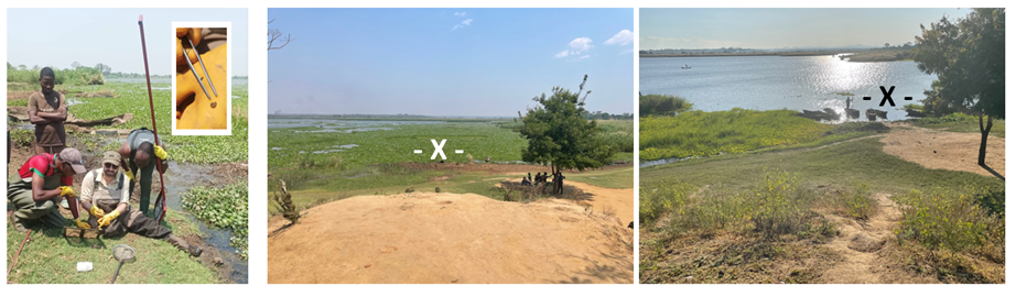 Snail collecting images with a focus upon Chikwawa 1 location where a single shell of Biomphalaria was found within the oxbow lake.This oxbowis now heavily colonised by water hyacinth, choking the shoreline designated "-X-" whereas previously, it was much clearer of this invasive water plant.