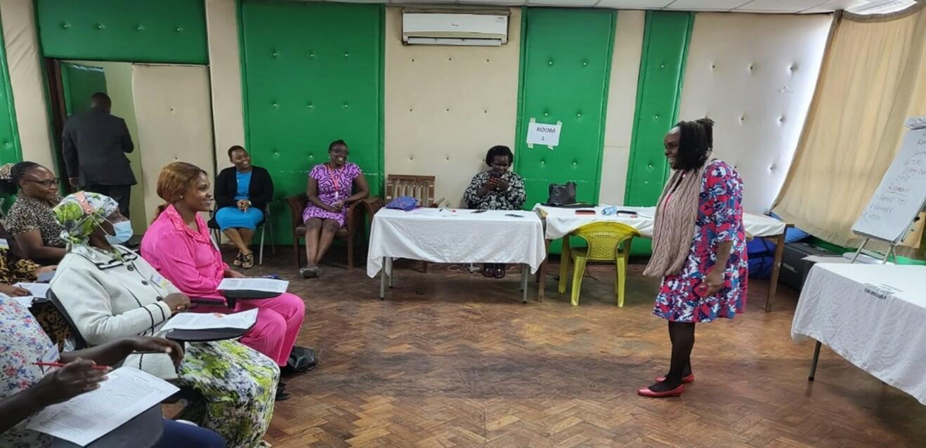 Dr Irene Muchoki, Nairobi County Chief Officer addresses HCPs during launch of EmONC trainings at regional training hub for Maternal & Newborn Health in Pumwani Maternity hospital (Nairobi).  credit LSTM