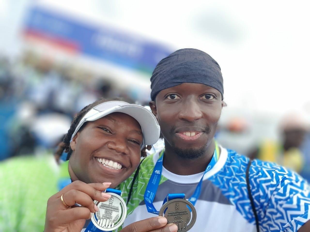 Gerald and his wife (Sharon) after finishing the annual Standard Chartered Nairobi Marathon. / Photo credit Gerald Ong’gayo