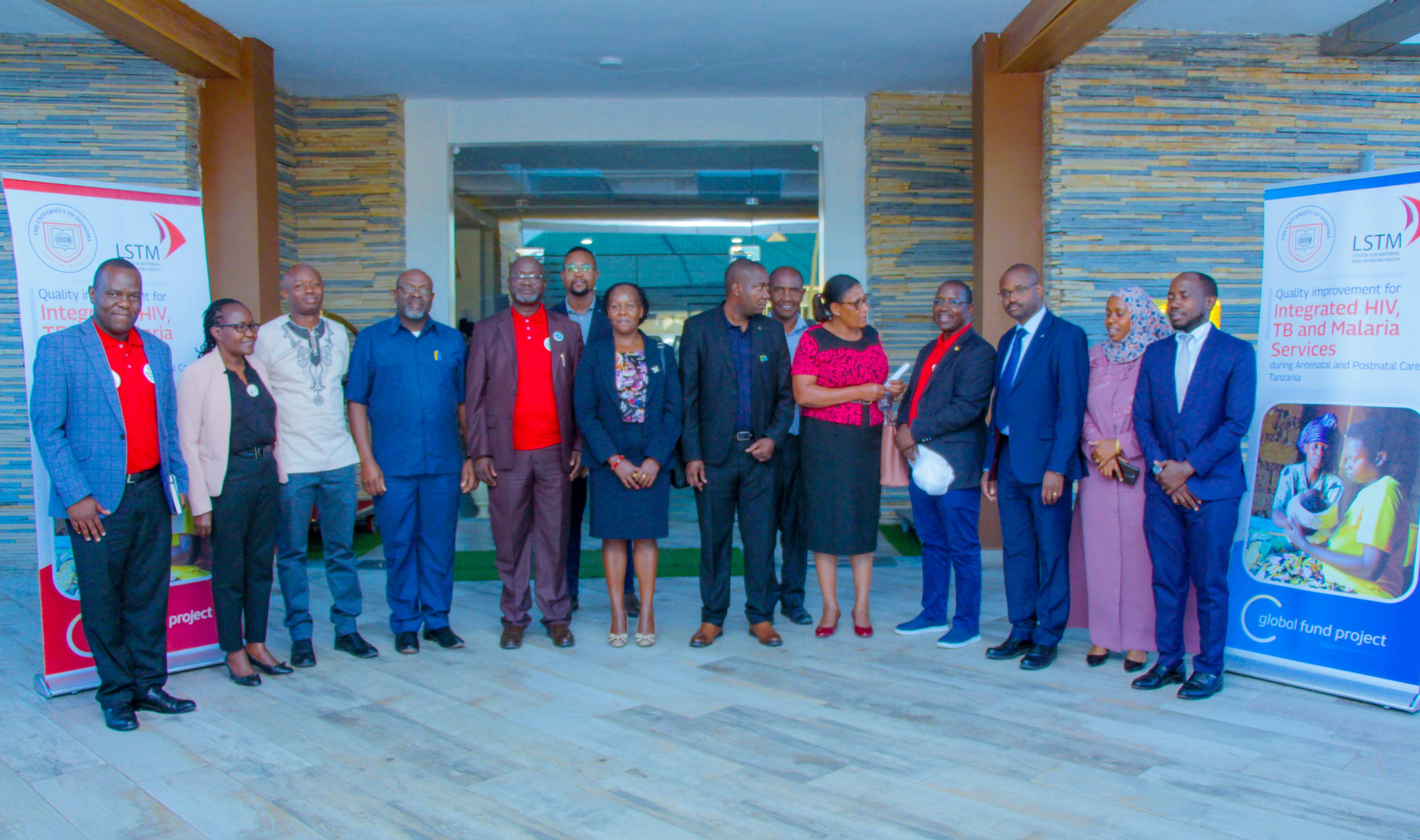 The organizing committee along with the guests at the official launching of the UDOM/LSTM project aiming at Quality Improvement for Integrated HIV, TB, and Malaria services during Antenatal and Postnatal Care, Tanzania