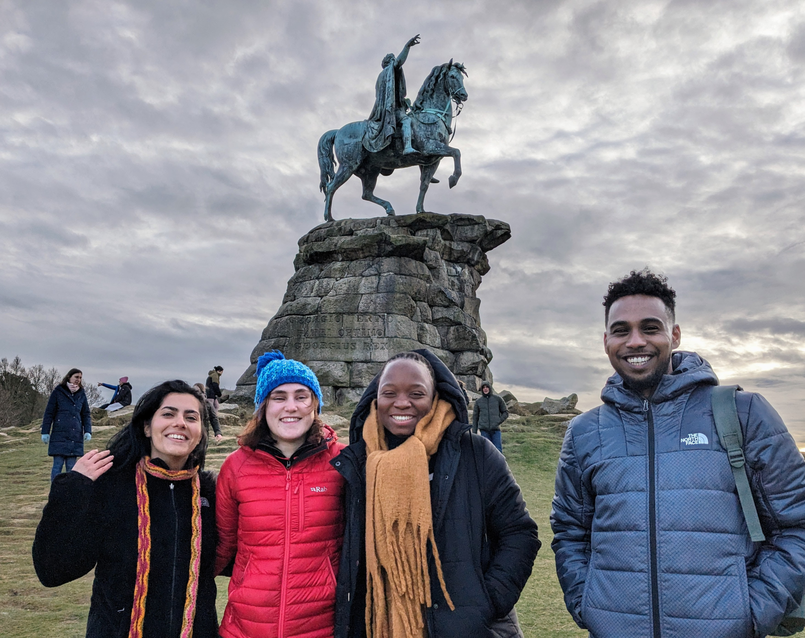 LSTM students (from left to right) Arash Khangura, Emily Sidaway, Denise Matsule, and Hassan Hussein in Great Windsor Park, the location of the simulation