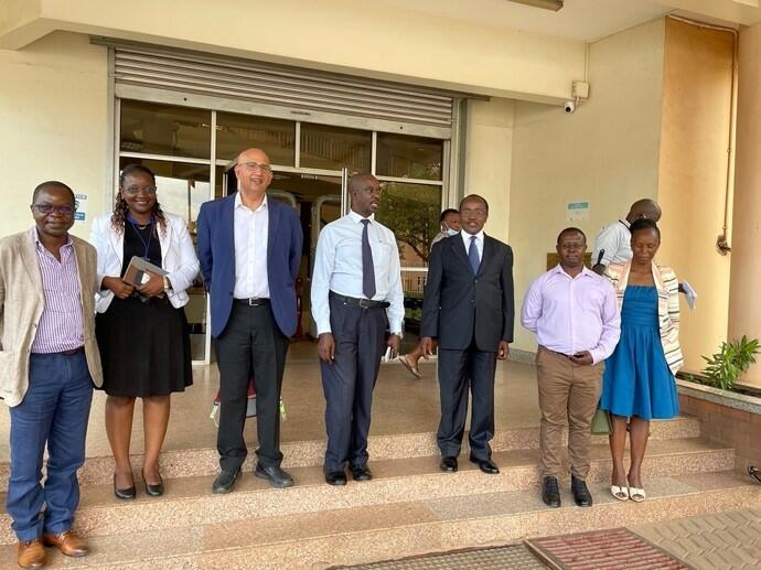 Strategy meeting (L-R: Prof Moffat Nyirenda, Dr Mina Nakawuka, Prof Shabbar Jaffar, Dr Gerald Mutungi and Joshua Musinguzi from MoH, Dr Francis Xavier Kasujja, Dr Josephine Birungi)