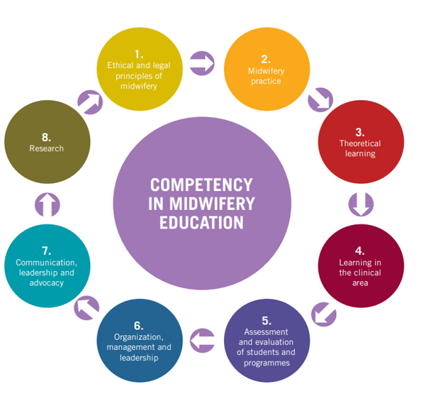 WHO sets out the 8 domains of midwifery educator core competencies / source WHO