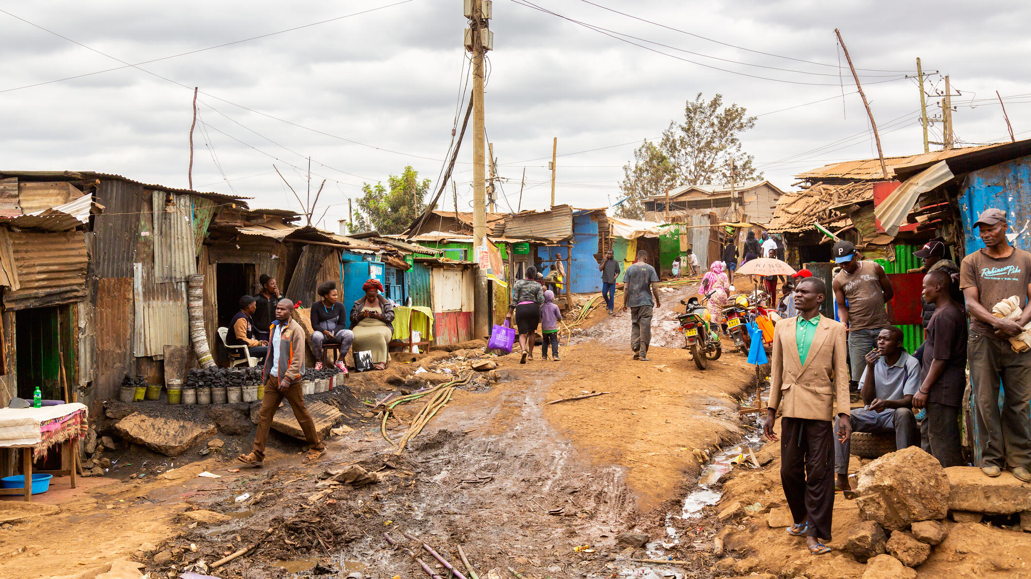 Nairobi, Kenya - August, 2019: Kibera slum in Nairobi in summer. Kibera is the biggest slum in Africa. Slums in Nairobi, Kenya