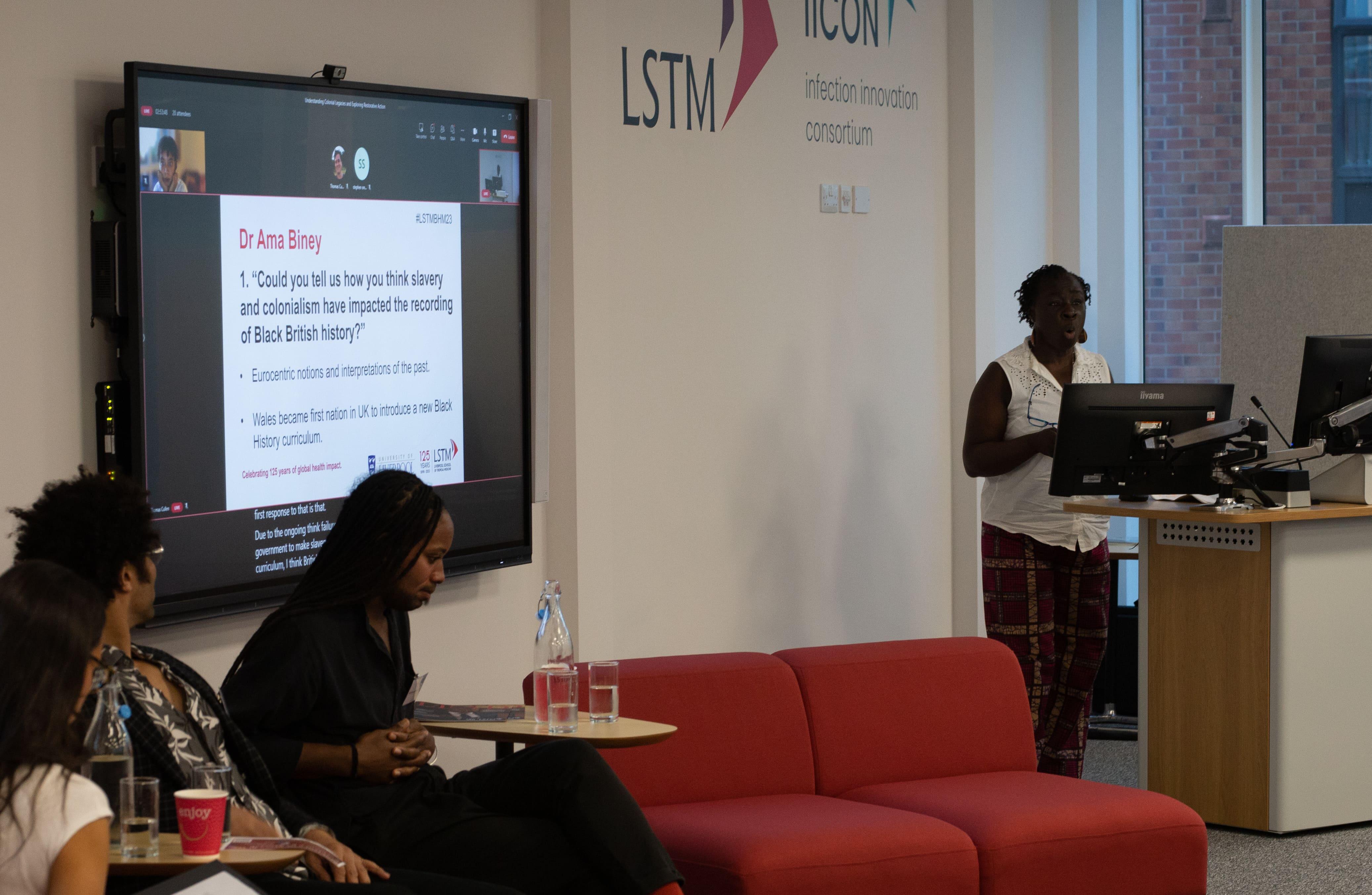 Dr Ama Biney speaking at the ‘Understanding Colonial Legacies and Exploring Restorative Action’ event