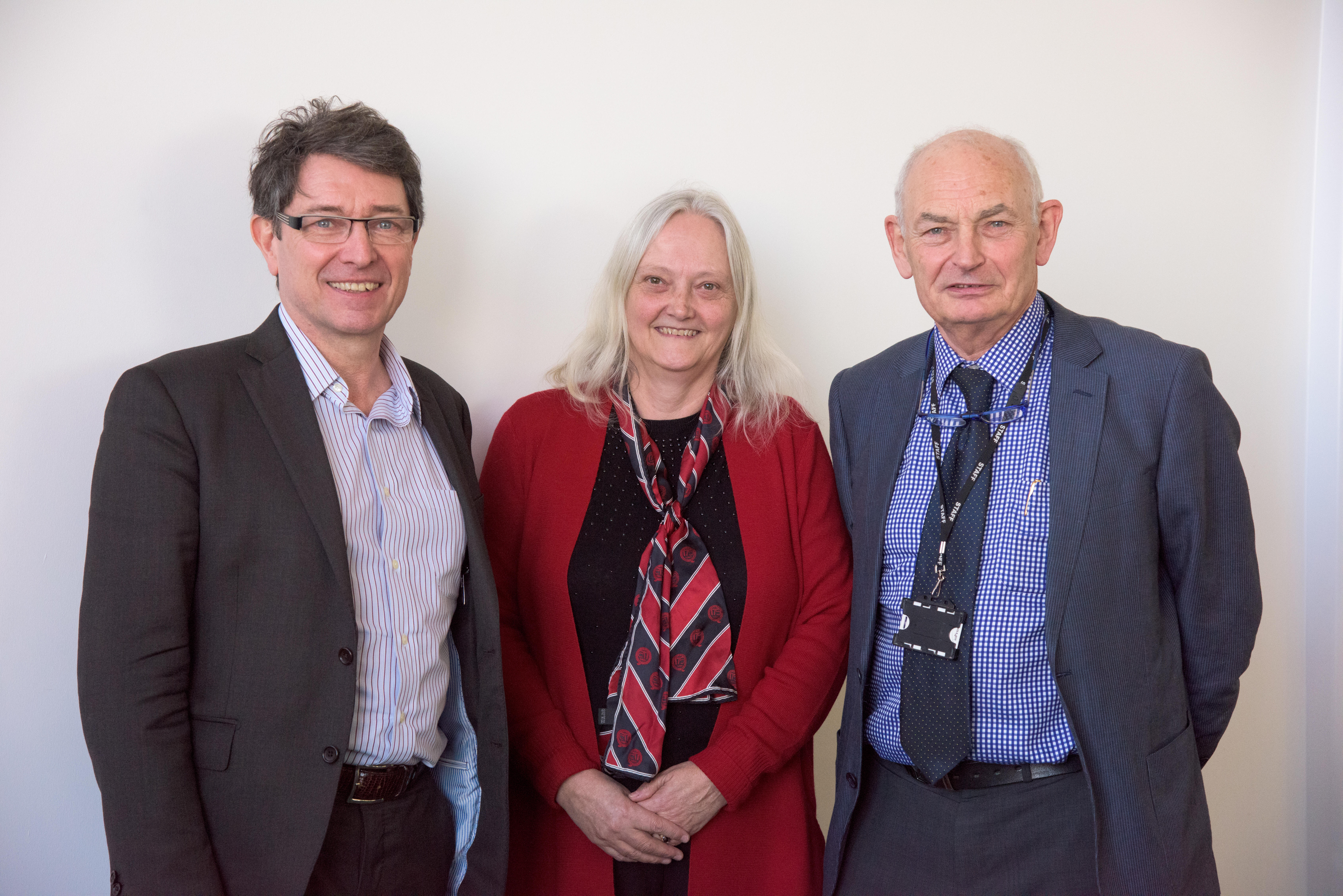 Dr Dirk Engels (left) with LSTM Director Professor Janet Hemingway and Emeritus Professor David Molyneux (right)
