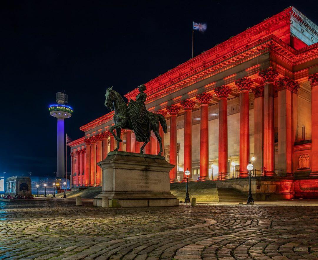 St George's Hall Liverpool lit up red for World TB Day.