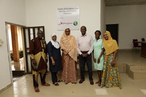 Right to left Adacha Boslam (LSTM Nigeria Operations manager), Student nurse, Dr Charles Ameh (Programme director LSTM UK), Dr Hauwa Mohammed (Country Director LSTM Nigeria), Khadija Abdullahi (CoE coordinator) and Dr Shama (Lecturer School of Midwifery) at the CoE