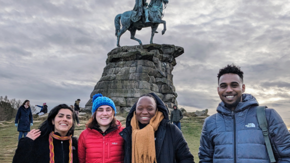 LSTM students (from left to right) Arash Khangura, Emily Sidaway, Denise Matsule, and Hassan Hussein in Great Windsor Park, the location of the simulation