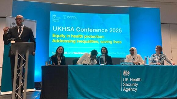 Members of ReCITE Consortium participating in a panel to discuss community engagement for health protection at the 2025 UKHSA conference in Manchester / photo credit: LSTM
