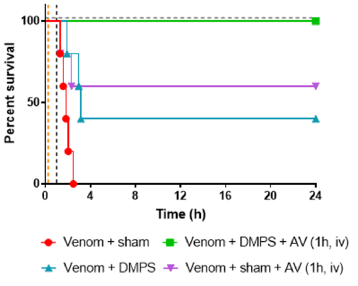 DMPS (orally, 15 minutes after envenomation) and antivenom (intravenously, 1 hour after envenomation) used together prevent mortality in all animals tested. DMPS alone prevented mortality in 40% and antivenom alone in 60%. Figure reproduced from bioRxiv preprint (2019) of the article 3. DMPS (orally, 15 minutes after envenomation) and antivenom (intravenously, 1 hour after envenomation) used together prevent mortality in all animals tested. DMPS alone prevented mortality in 40% and antivenom alone in 60%. Figure reproduced from bioRxiv preprint (2019) of the article 3.