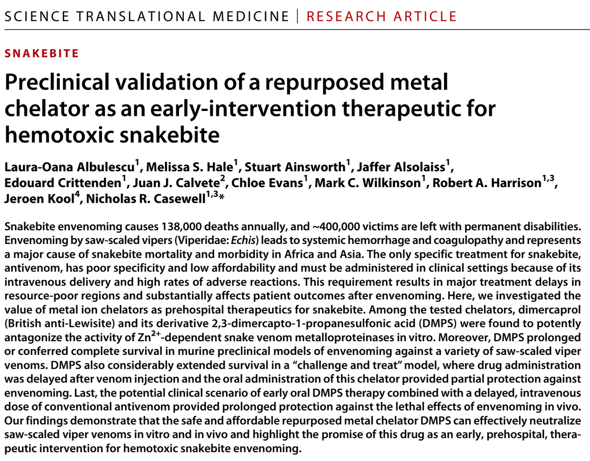 Dr Albulescu and Prof Casewell’s article, published in the highly reputable journal Science Translational Medicine. Dr Albulescu and Prof Casewell’s article, published in the highly reputable journal Science Translational Medicine.